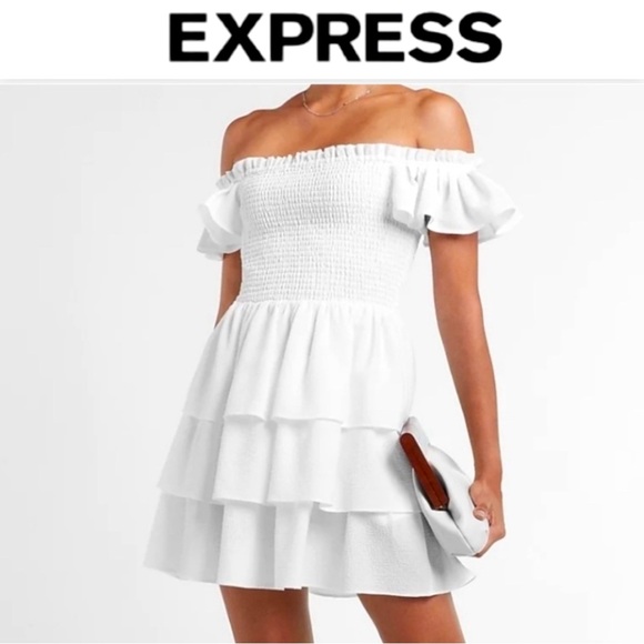 EXPRESS White colored Off the Shoulder Ruffle Tiered Dress, Size L NWT - Picture 13 of 13